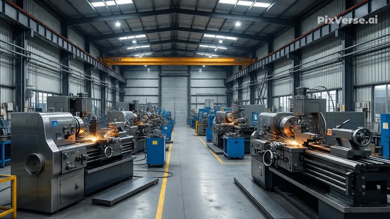 Modern industrial commercial kitchen with stainless steel counters and equipment